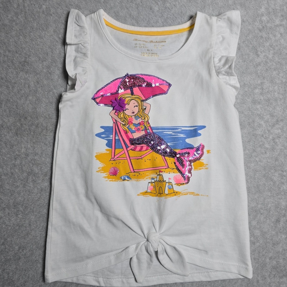 Tommy Bahama Kid Girls Small 5/6 Sequined Mermaid Flutter Sleeve Nautical Cotton